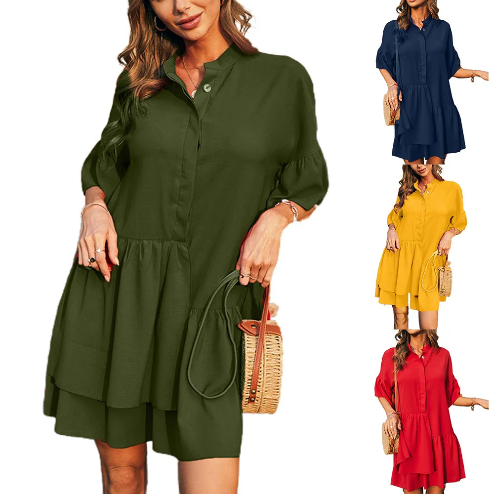 

Summer Fashion New Mid Sleeved Women's Dresses Solid Half Sleeve Turn-down Collar Mini Loose Pullover Casual Irregularity Dress