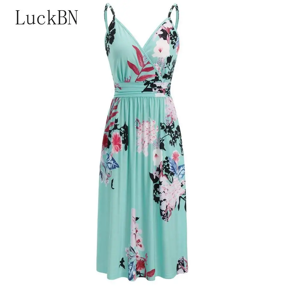 

Summer Women Maxi Dress Sexy Casual Deep V-Neck Backless Sleeveless Boho Beach Long Dress Female Print Robes Halter Vestidos