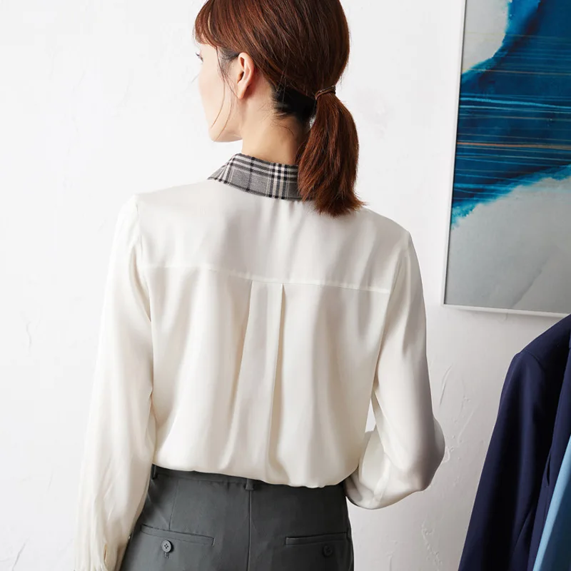 

wind New white British shirt long sleeve pocket loose mulberry silk blouse female outfit grid white shirts