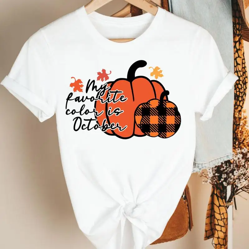 

Autumn Fall Thanksgiving Pumpkin Style 2021 Halloween Print Graphic Tee Top Women Clothing Cartoon Tshirt Female T-shirt