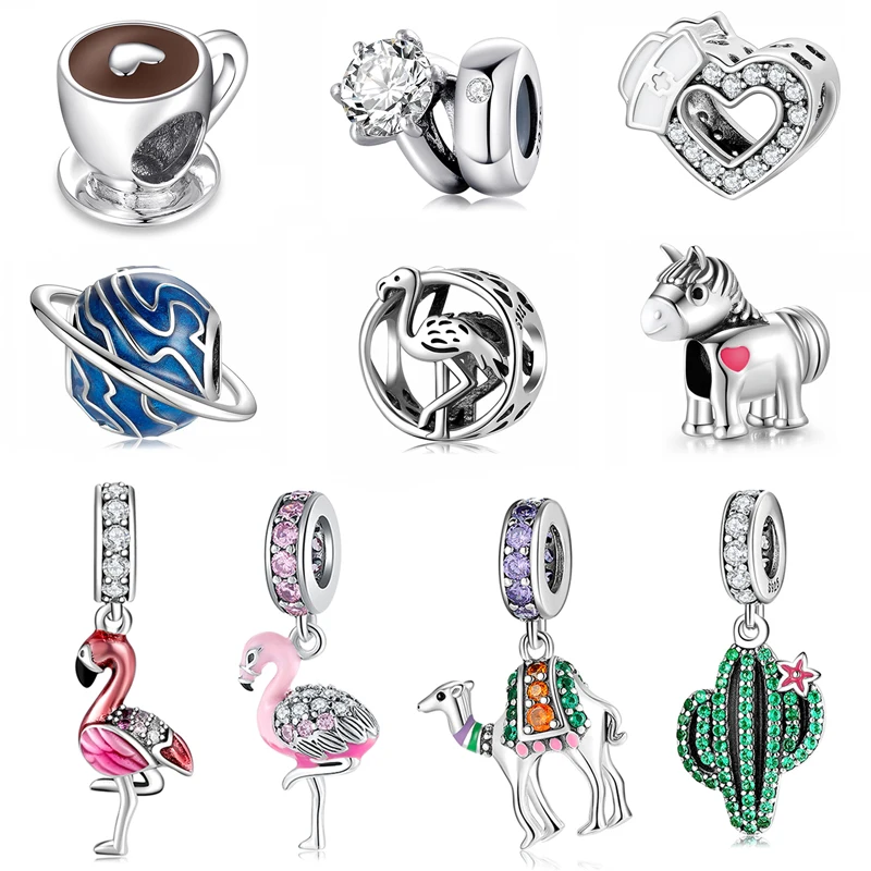 

Hight Quality Silver-color Coffee Cup Flamingo Potted Cactus Fine Pendants Beads Fits Original Pandora Bracelets DIY Jewelry