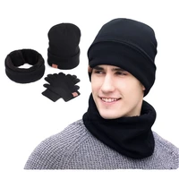 sets 3 winter unisex knitted beanies hats men warm hat with bib touch screen gloves women bonnet beanie cap outdoor riding set