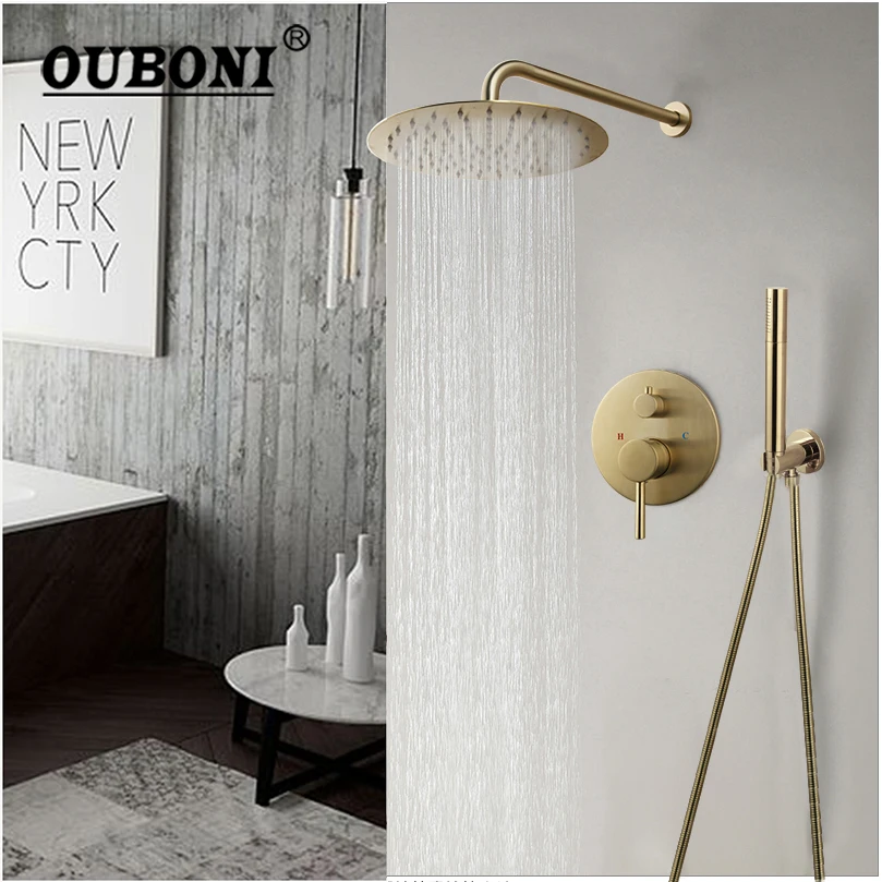 OUBONI 10 дюймов никелевый Золотой смеситель для душа ванной комнаты набор с круглой
