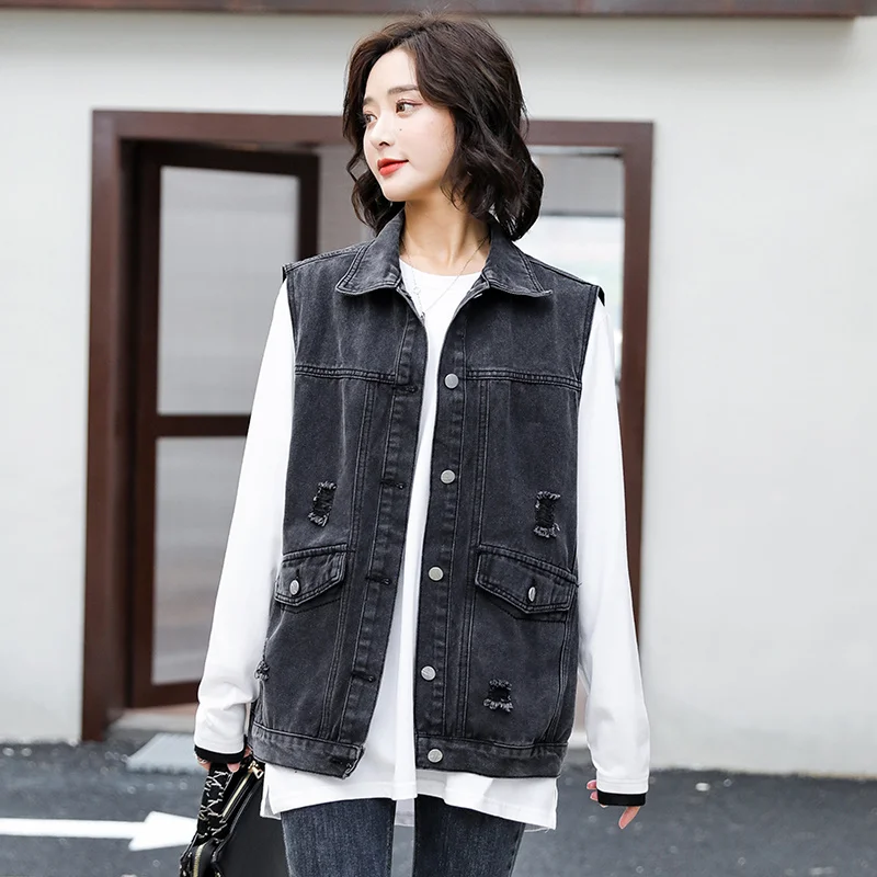 

Spring and Autumn Black Denim Waistcoat Vest Women's Loose Hole Korean Style Waistcoat Coat Sleeveless plus Size Mid-Length