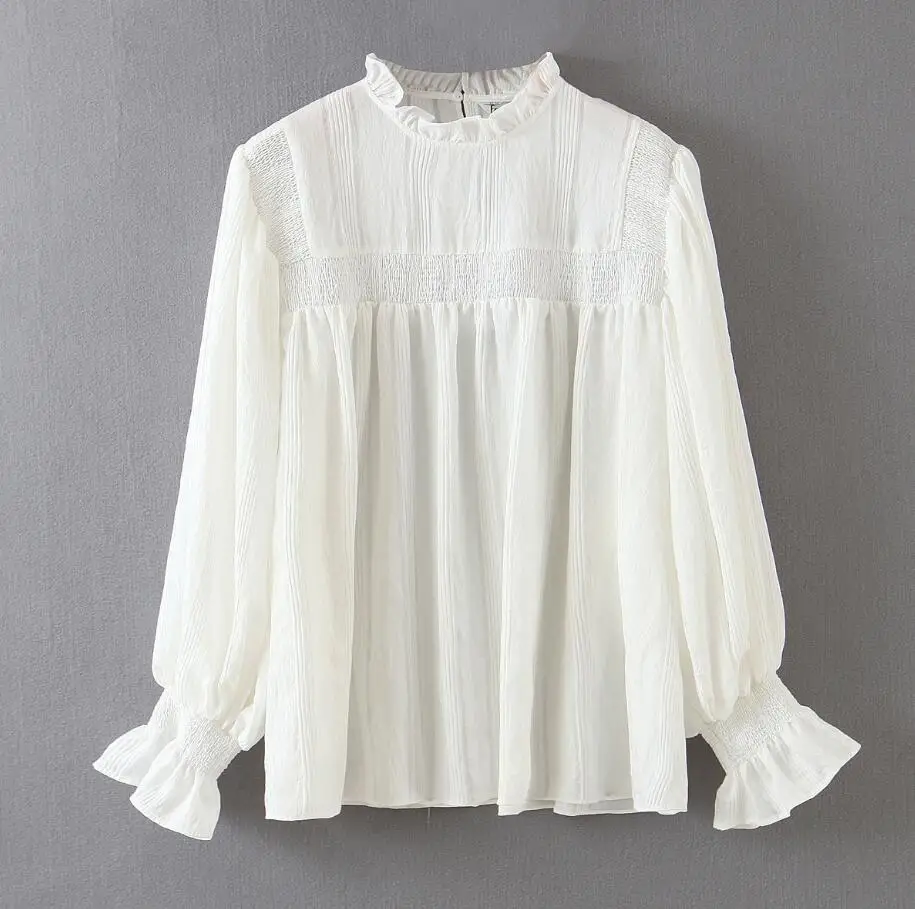 

Женская блузка с оборками на воротнике, элегантная однотонная Повседневная белая рубашка оверсайз с длинными рукавами