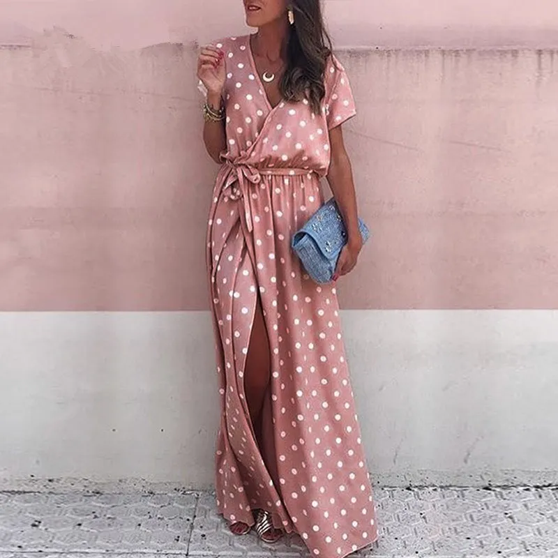 2019 летние Для женщин розового цвета с узором в горошек Повседневное платье макси