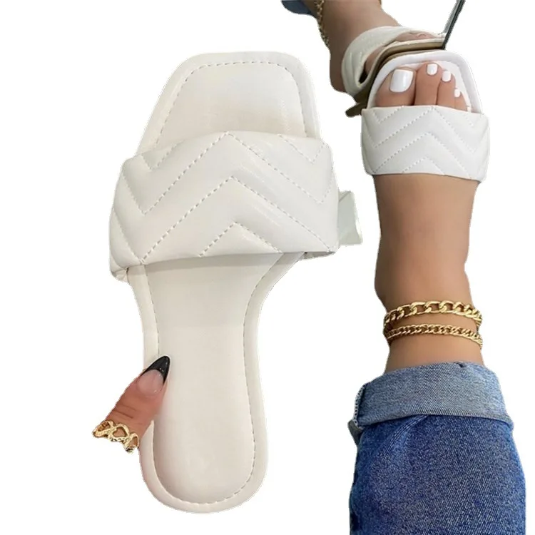 

Big Size Slippers Soft Shoes Square Toe Low Slides Slipers Women Shallow Comfort Flat Rubber 2021 Concise Fabric Hoof Heels Basi