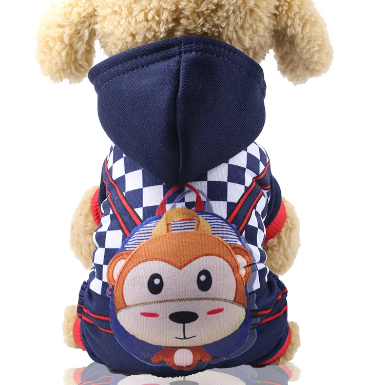 

Dark Blue Monkey Hooded Dog Clothes Cartoon Four-legged Button Pet Clothes