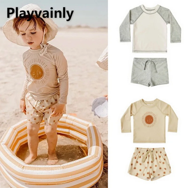 Baby Boys Swimming Wear Spell color long sleeve swimsuit + shorts 2pcs suit Children Fashion Swimwear E100273