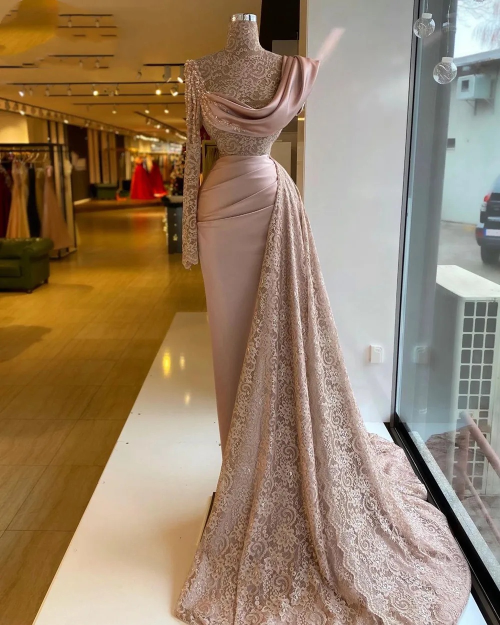 

Женское вечернее платье с юбкой-годе, прозрачное кружевное платье с длинным рукавом и бусинами, пыльно-розовое платье Дубая для выпускного ...