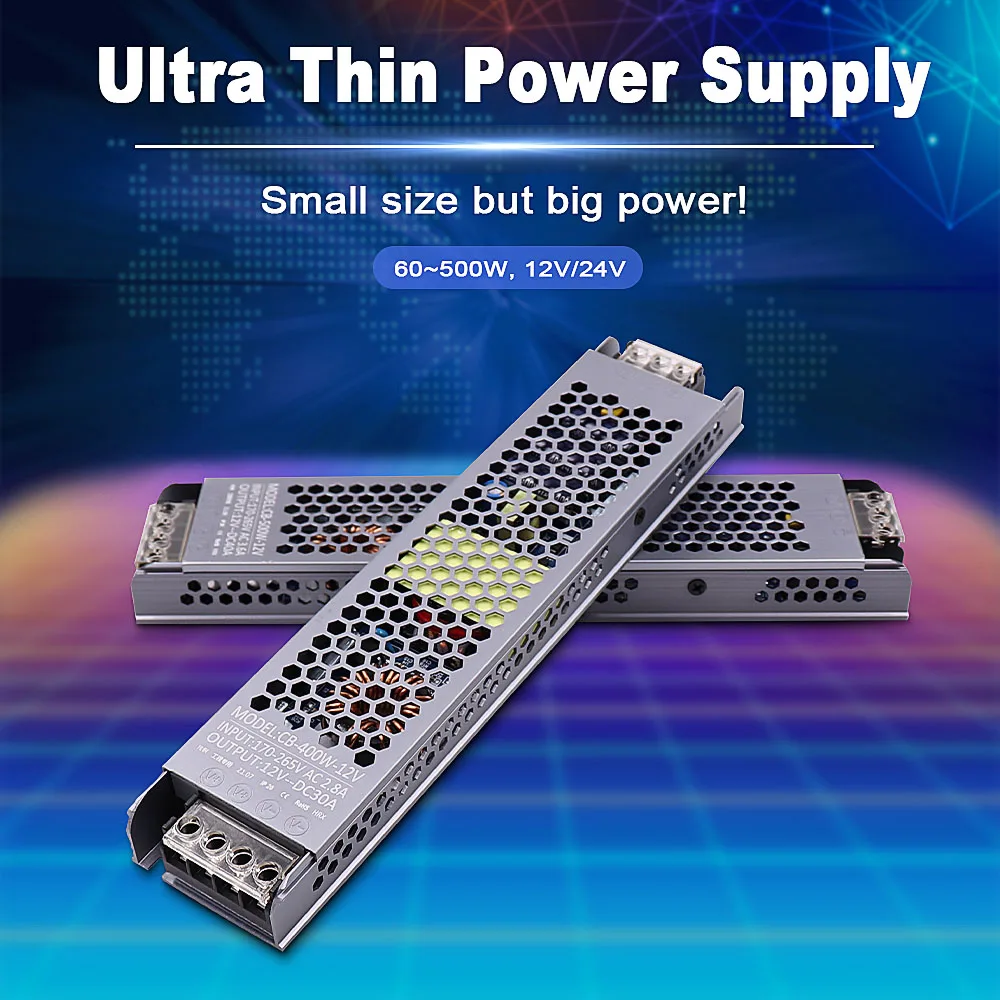 

Трансформатор питания для светодиодной ленты, 12 В, 24 В, бесшумный сверхтонкий светодиодный драйвер 100 Вт, 200 Вт, 300 Вт, 400 Вт