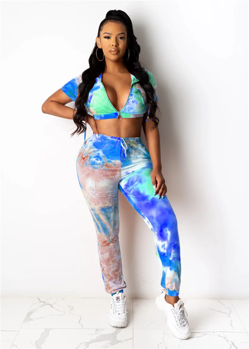 

Adogirl 2020 New Tie Dye Print Two Piece Set Women Tracksuit Short Sleeve Zipper Hooded Crop Top Sweat Pants Suit Female Outfits