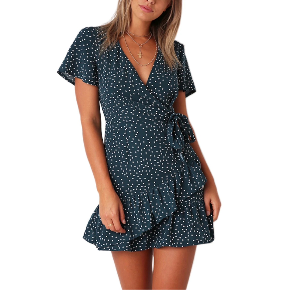 

S-XXL Women Sexy sweet Deep V Neck Dot Print Kimono Party Dress Waist AdjustableTie Bowknot Ruffle Hem Bodycon Mini Dress 2019