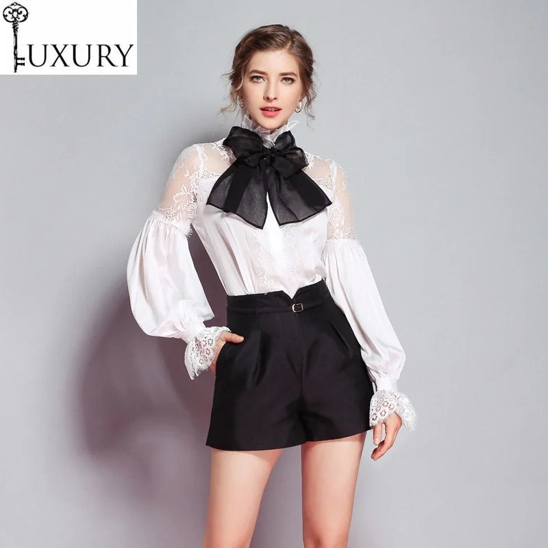 Spring Fashion Women 2020 Sexy Sheer Lace Patchwork Bow Tie Elegant Long Sleeve Shirt Female Work Office Blouse XL