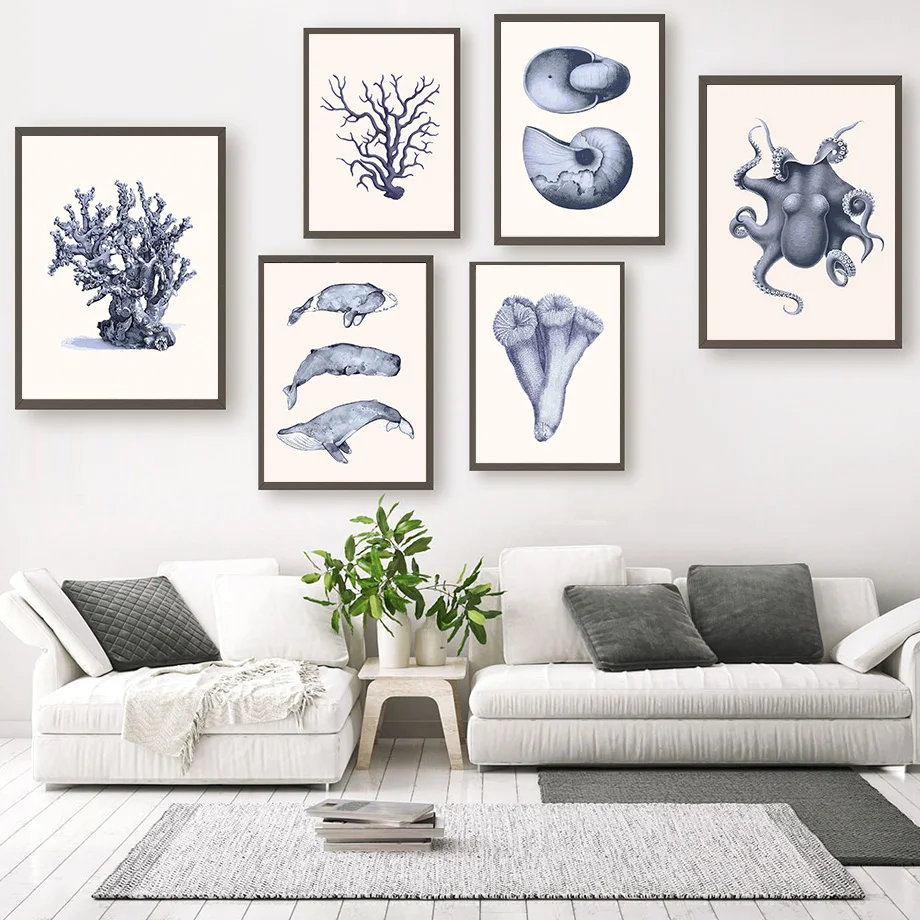 

Ocean Fossil Octopus Conch Whale Coral Wall Art Canvas Painting Nordic Posters And Prints Wall Pictures For Living Room Decor