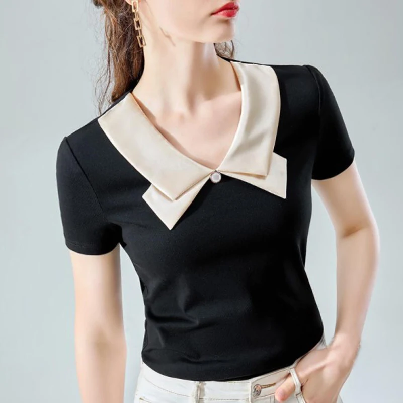

Cultiseed Women Summer Sweet Turn Down Collar Color Patchwork Short Sleeve Basic T-Shirts Tops Female New Elegant Party Tees