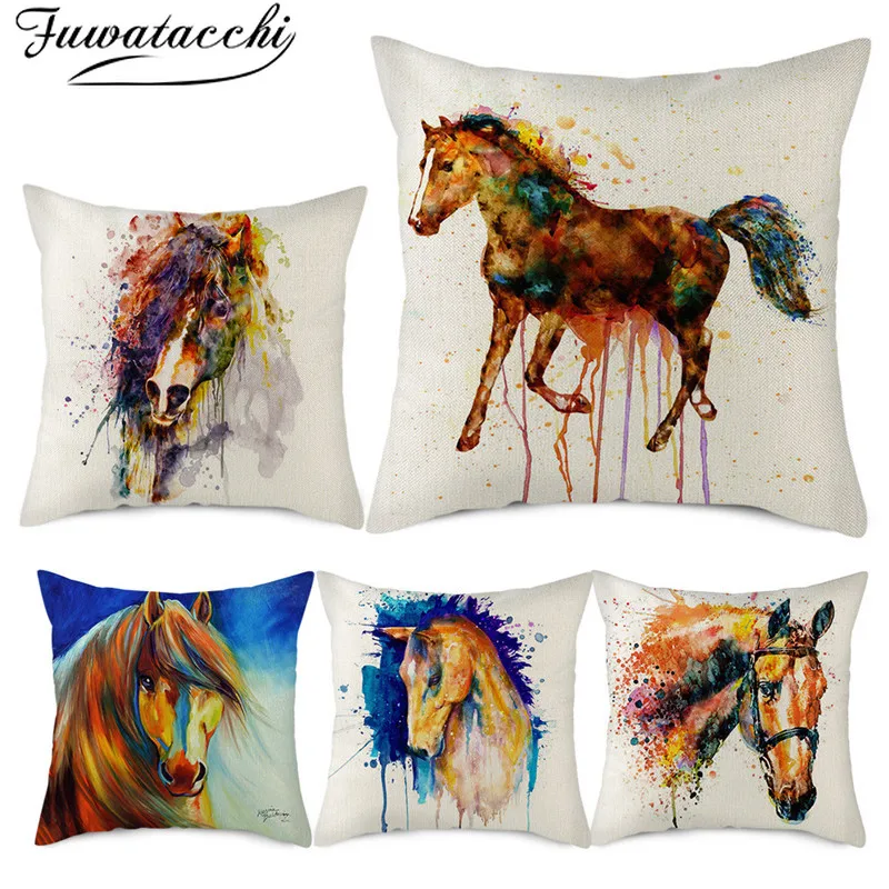 

Fuwatacchi Linen Oil Painting Horse Photo Cushion Cover Animal Painted Pillows Cover for Home Chair Sofa Decorative Pillowcases