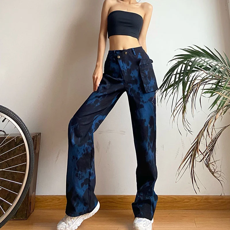 

XUXI Blue Tie-dye Mopping Straight Leg Casual Pants Loose Wide-leg Cover Meat Overalls Women Autumn 2021 E2946