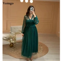 verngo dark green lace polka dotted tulle prom dresses plus size v neck long sleeves party formal gowns ankle length mother wear