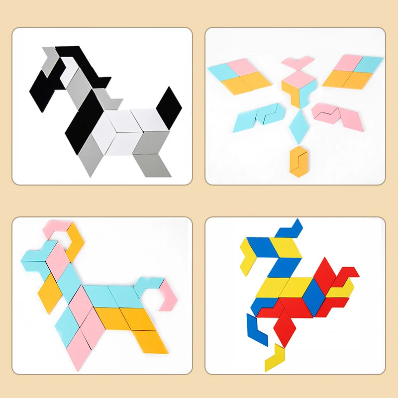 

Wooden Hexagon Tangram Puzzle For Kids Three-Dimensional Jigsaw Tangrams Education Brain Teaser Build Blocks Toys For Children