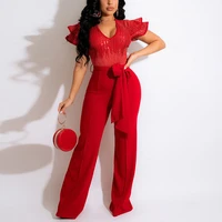 red jumpsuits rompers for women sequined v neck high waisted sashes sexy elegant wedding party night club long overalls 2022