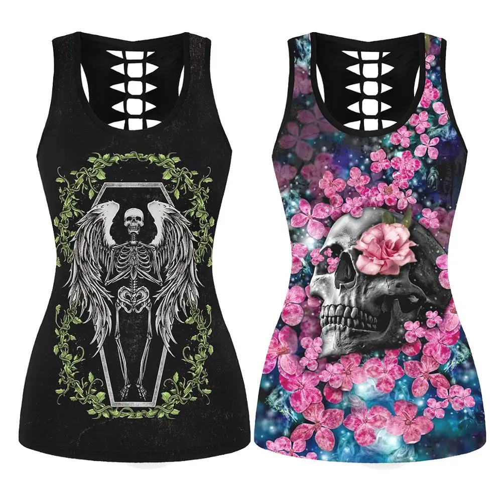 

New skull head digital print diadigan casual joker women's wear back slimming sports vest