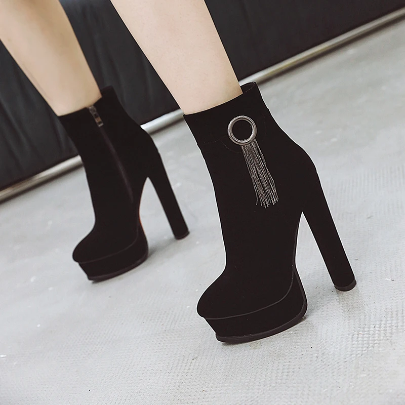 

JK Black Thick Platform Round Toe Bootie Sexy Metal Decor Women Ankle Boots Fashion Fringe Female Shoes Non Slip Zip Casual Boot