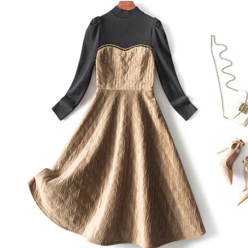 

Осенне-зимняя женская одежда 2021, модные дизайнерские вязаные свитеры с длинным рукавом, лоскутное вельветовое платье, повседневное и вечер...