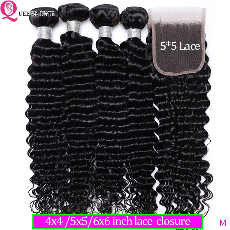 Queena Deep Wave Bundles With Closure 5x5 6x6 Lace Closure And 3 Bundles Brazilian Human Hair Weave Bundles With HD Lace Closure