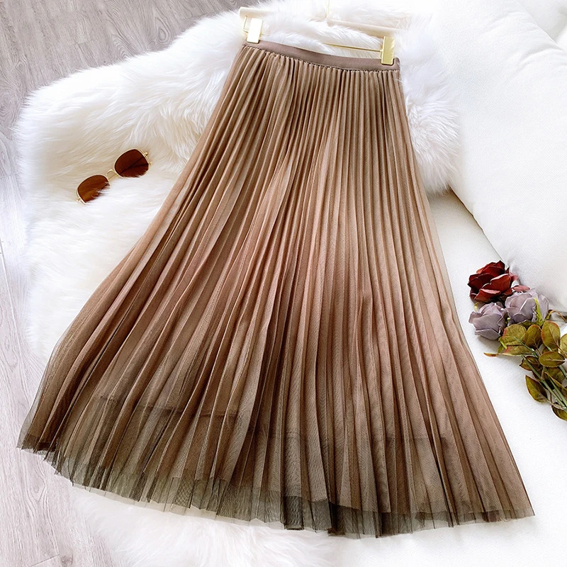 LYZCR Женская Тюлевая плиссированная юбка миди синие Лоскутные юбки с высокой