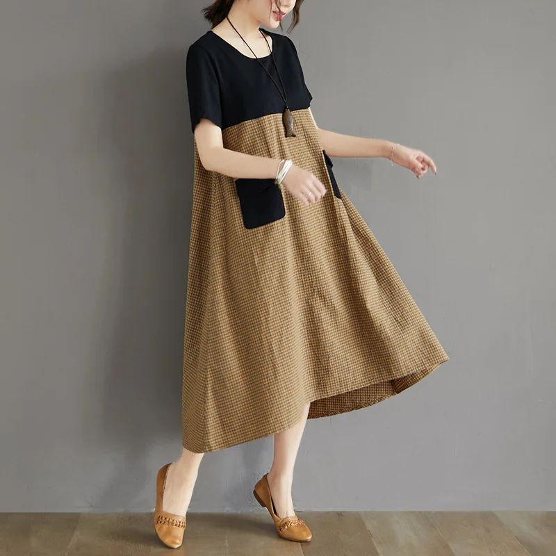 Women Cotton Linen Shirt Dress Summer Plus Size Short Sleeve Color Block Casual Art Loose Midi Robe Tunic Vestidos Kaftan Женская