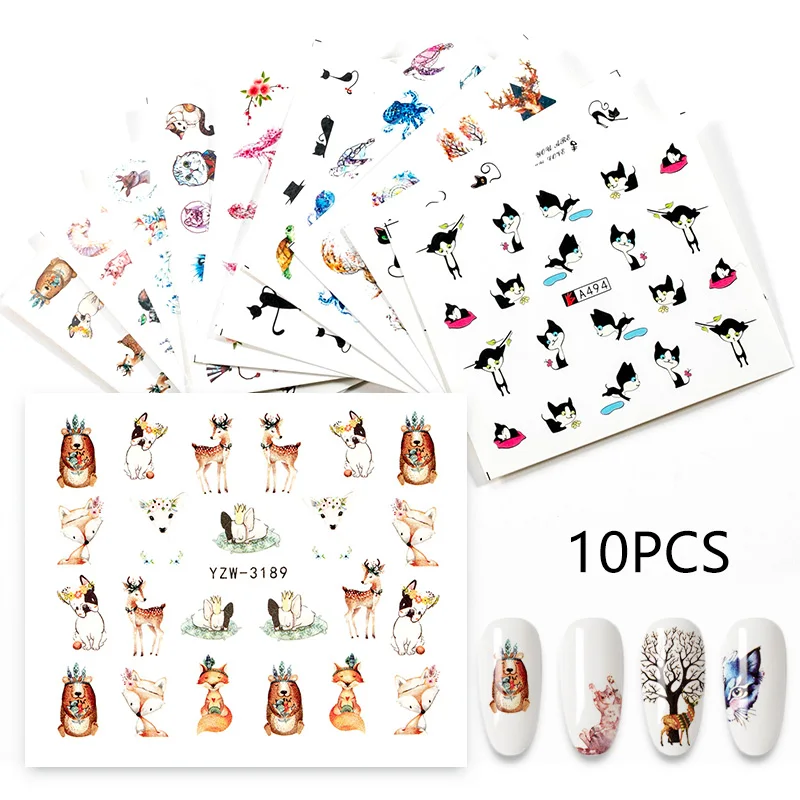 

1Set Animal Design Water Transfer Nail Stickers Cat Flower DIY Slider For Manicuring Nail Art Watermark