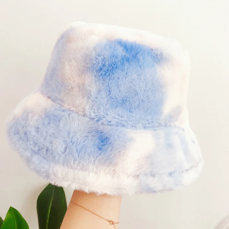 

2020 Rainbow Color Plush Ladies Fisherman Hat Winter Cap Warm Ear Protection Big Brim Bucket Hat for Women