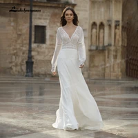 vestidos simple chiffon wedding dresses long sleeve boho lace bride gown sexy v neck backless wedding gown vestido de novia