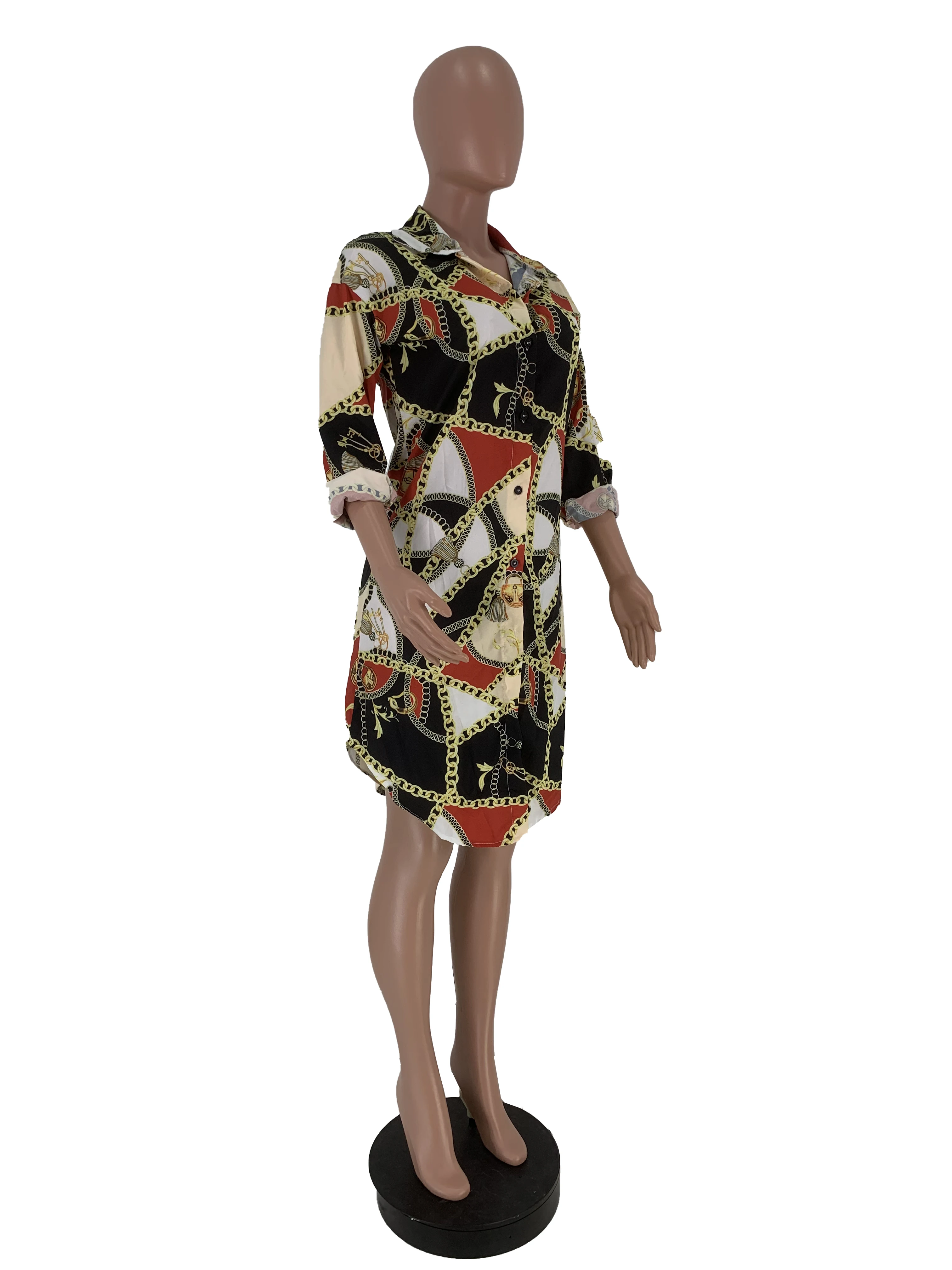 2019 осенне-зимнее женское платье-рубашка с длинным рукавом и национальным принтом