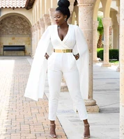 african women white jumpsuit evening dress with pockets deep v neck cape sleeve prom party gowns formal occasion wear