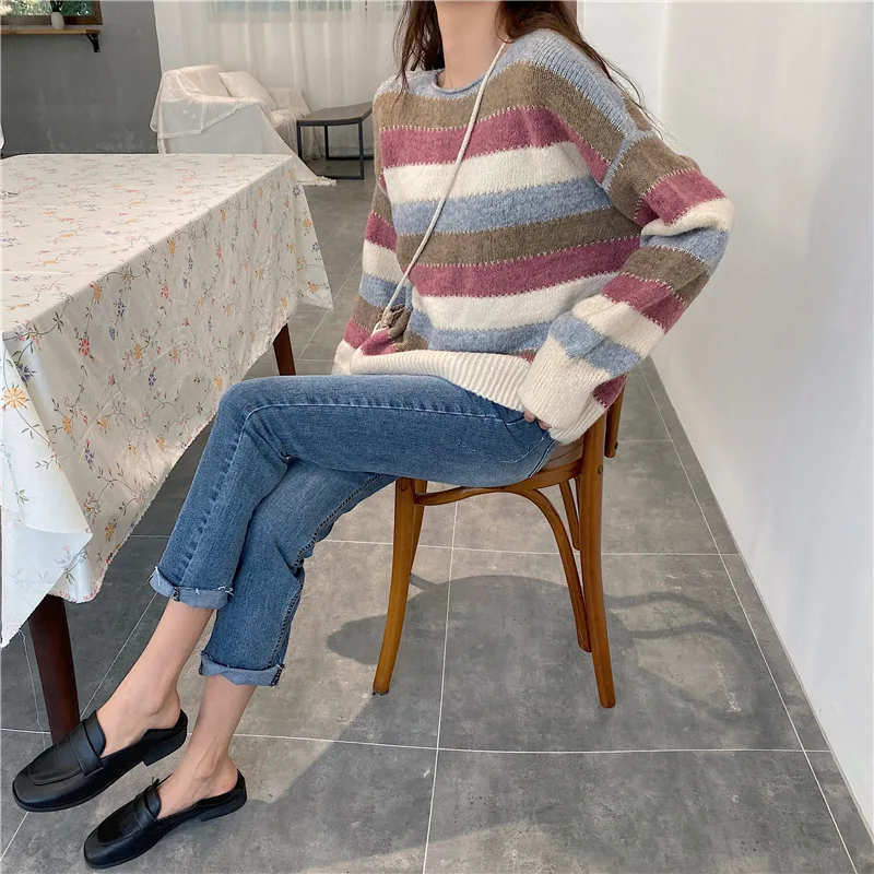 Новинка 2020 года пуловер в радужную полоску с круглым вырезом простой вязаный