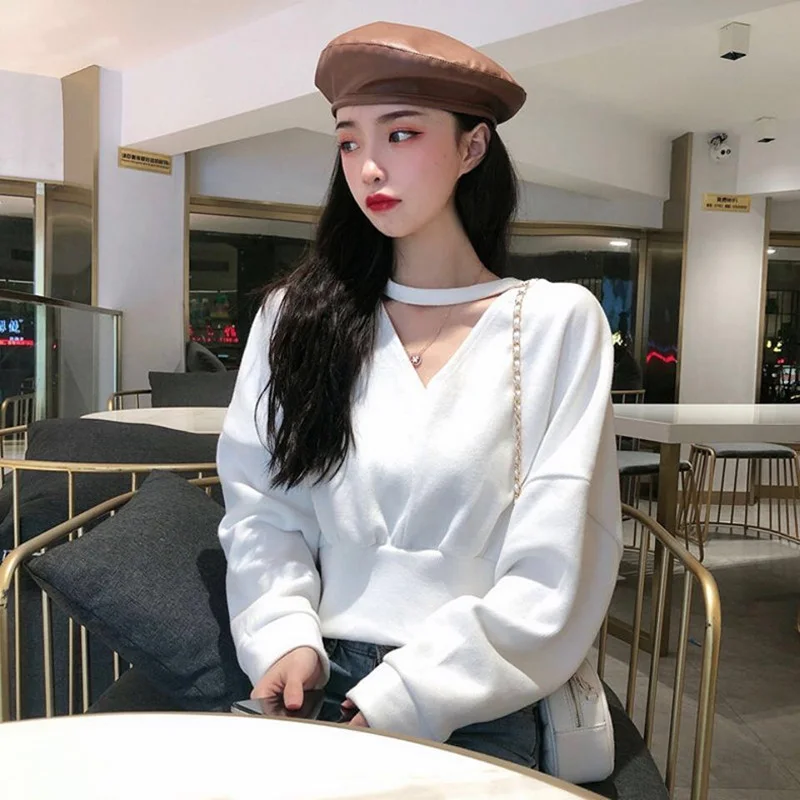 

New Korean T-shirts Two Side Wear Blusas Mujer Fashion Halter Women Big Size Tops Black White 2021 Fall Casual Long Sleeve Tees