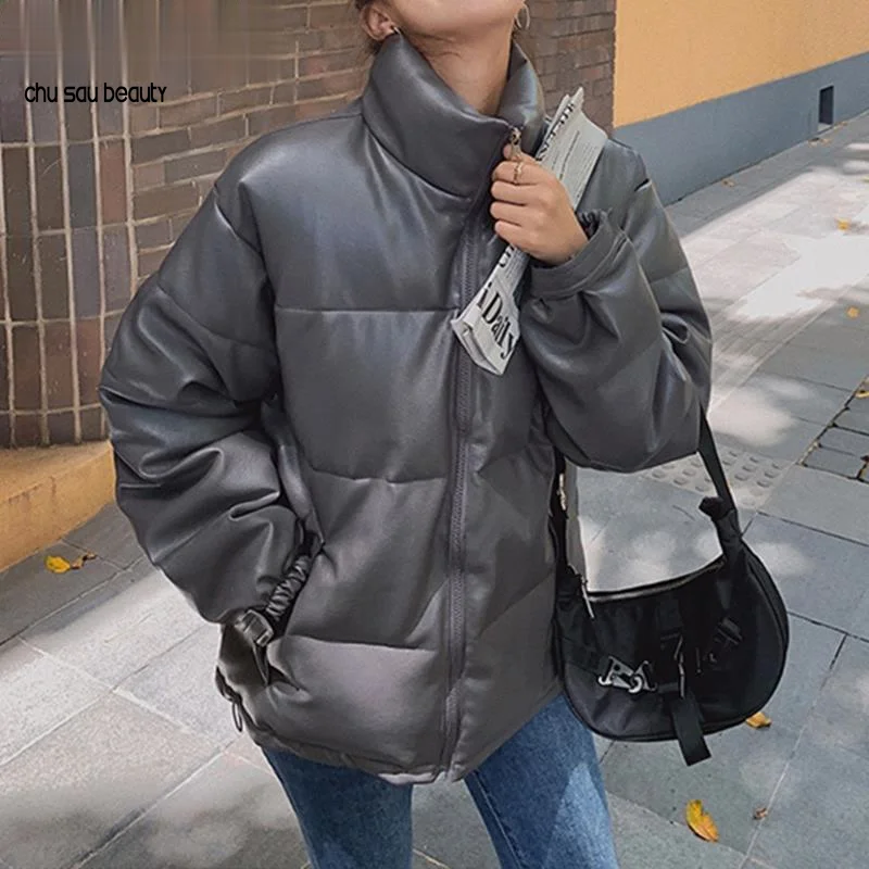 

Colorfaith New 2021 Autumn Winter Women Jackets Quilted Puffer Parkas High-Quality Warm PU Leather Oversize Short Coat CO935