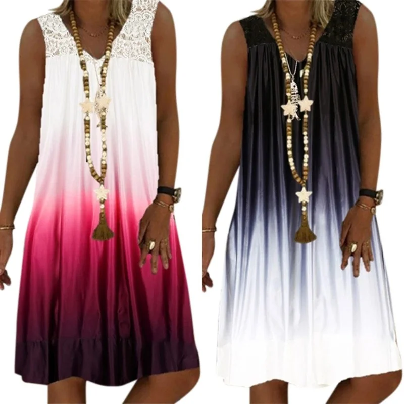 

Lace Patchwork Gradient Pleated Women's Dress V Neck Sleeveless Plus Size Dresses Woman Female Party Summer Loose Casual Cloth