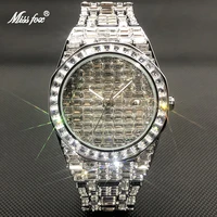 missfox luxurious watch for men vintage simple full diamond silver wristwatch american hip hop iced out round clock jewelry gift