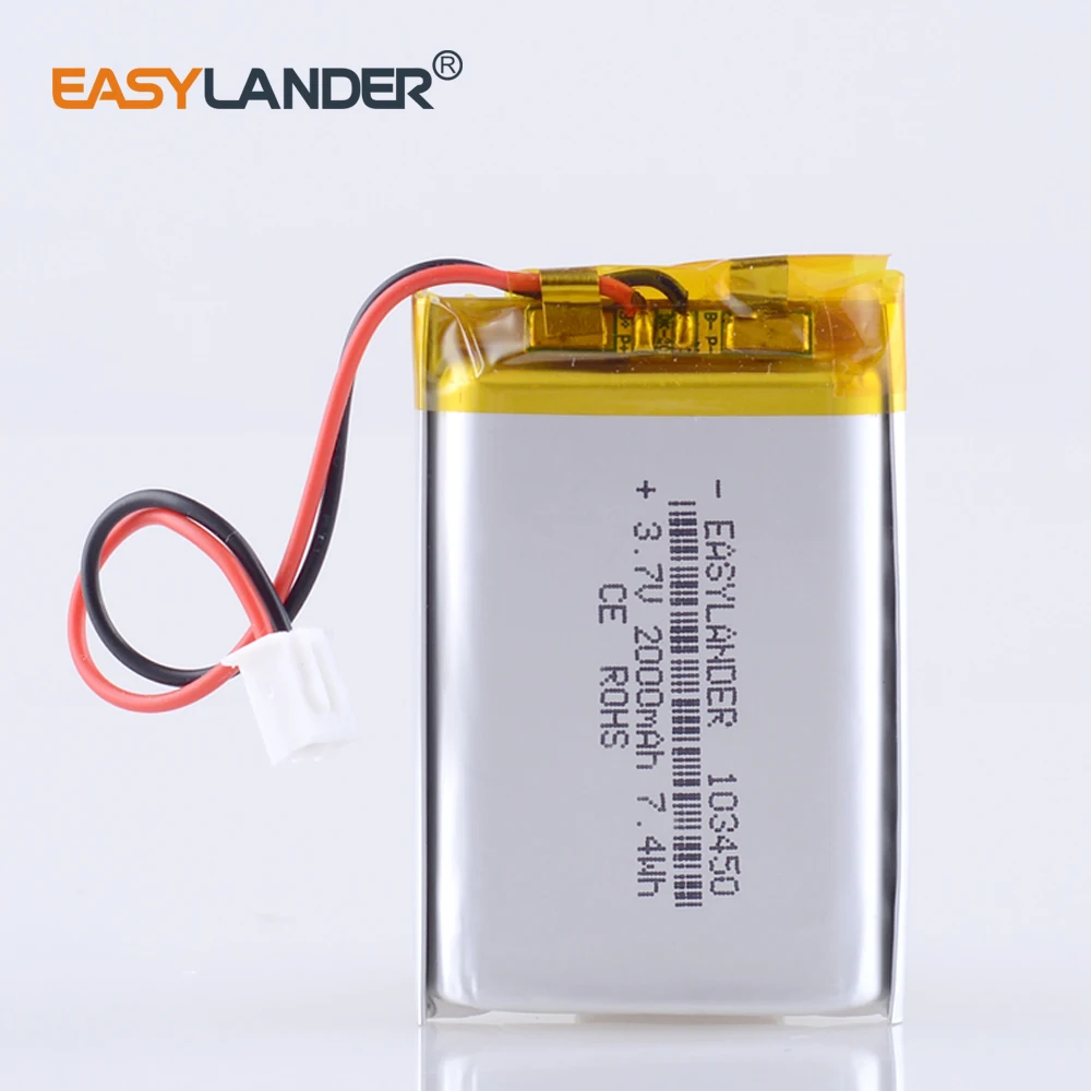 3 7v 2000mah 103450 xh2 54 2p 2 0 2p battery li polymer batteries for toy gps mp3 mp4 mp5 cell phone speaker driving dvr free global shipping