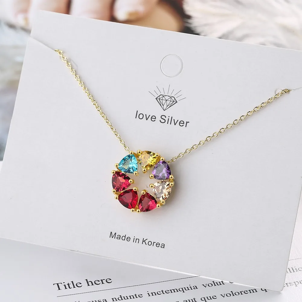 

Charm Female Rainbow Crystal Pendant Necklace Dainty Gold Color Chain Necklaces For Women Vintage Round Heart Wedding Necklace