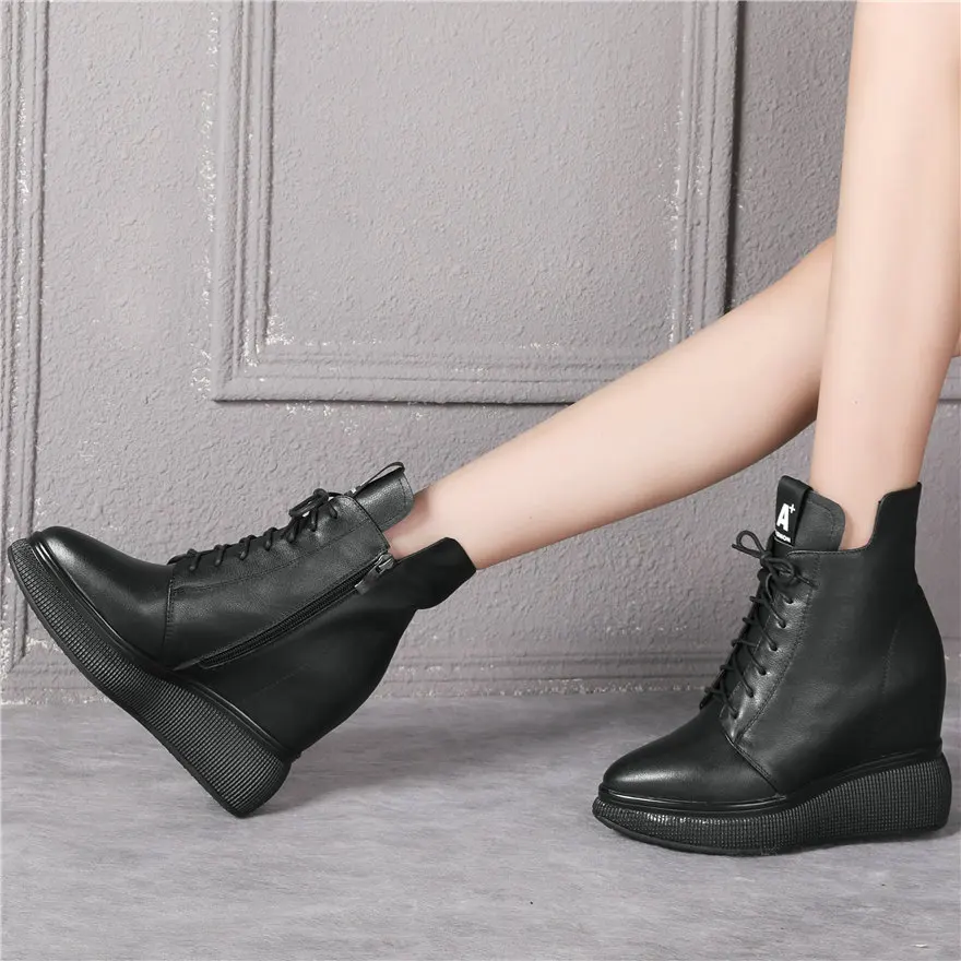 

Casual Shoes Women Lace Up Cow Leather Wedges High Heel Ankle Boots Female High Top Pointed Toe Fashion Sneakers Punk Trainers