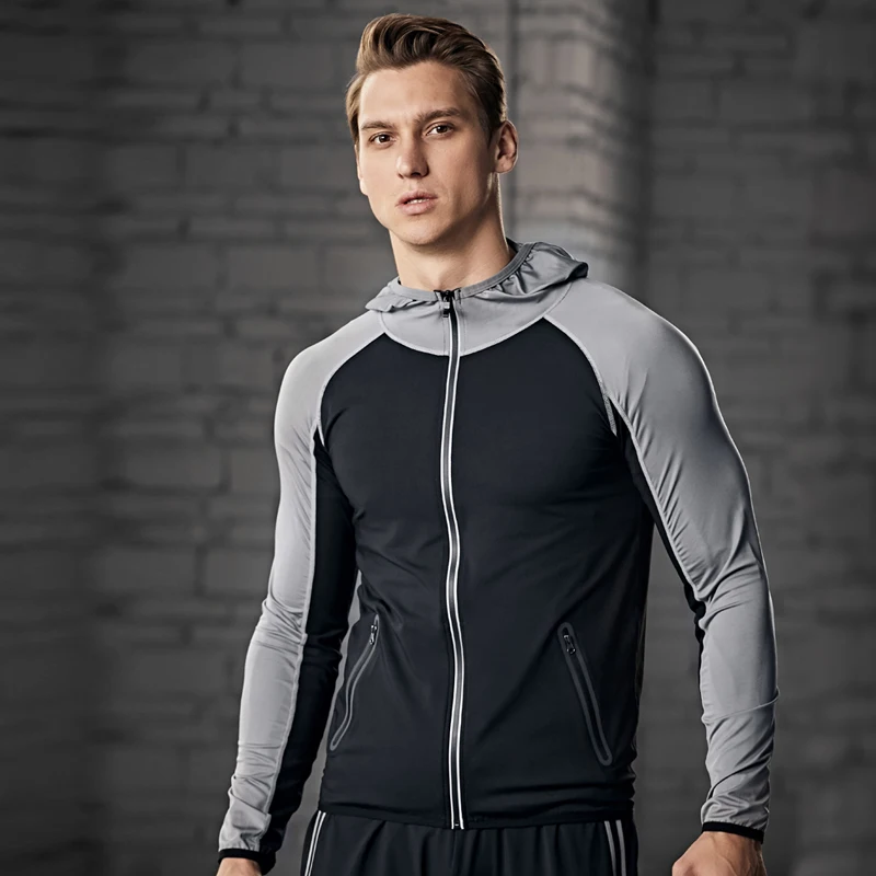 Мужская спортивная куртка для фитнеса быстросохнущая на молнии с капюшоном