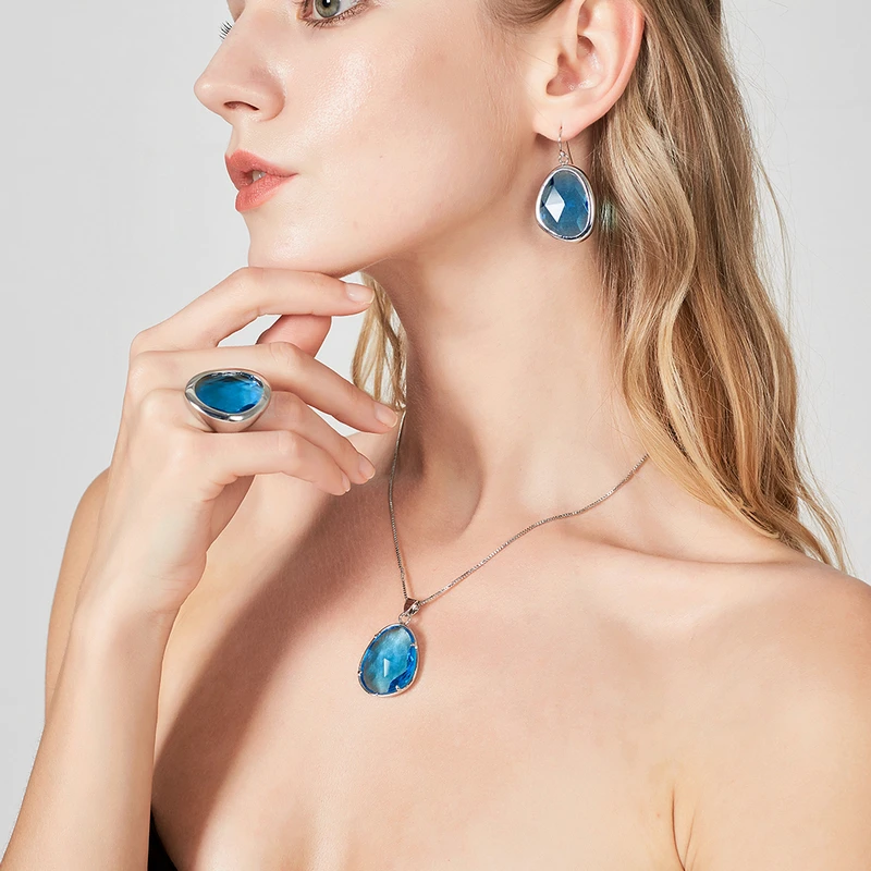 Nandudu новинка синее стекло ожерелье серьги кольца ювелирные наборы для женщин