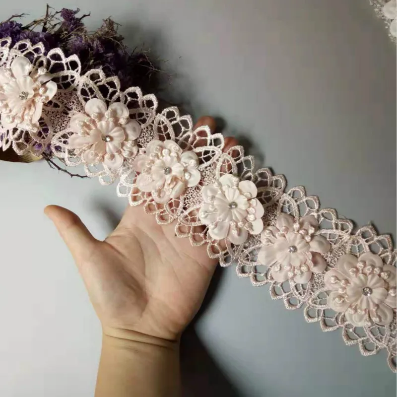 

3 Yards 7.5cm Polyester Pearl Flowers Pink Lace Trim Ribbon Floral Applique Patches Wedding Dress Fabric Sewing Craft