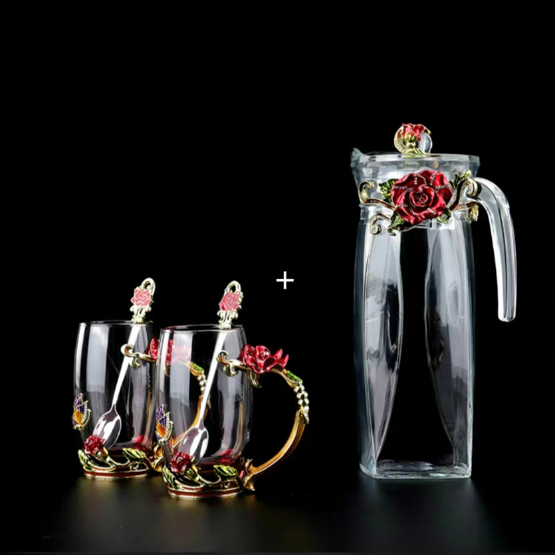 Стеклянный чайник для горячих и холодных напитков с эмалью красная роза 1300