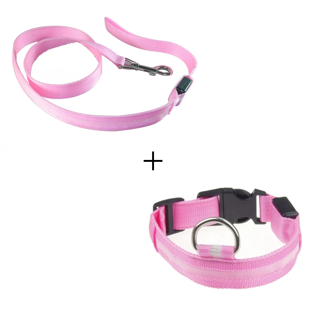 pink collar set Светодиодный собачий ошейник, поводок для собак, собачий ошейник, набор, электронный нейлоновый собачий поводок, веревочный светильник, поводок для домашних животных, поводок для кошек, продукт для домашних животных - Цвет: pink collar set