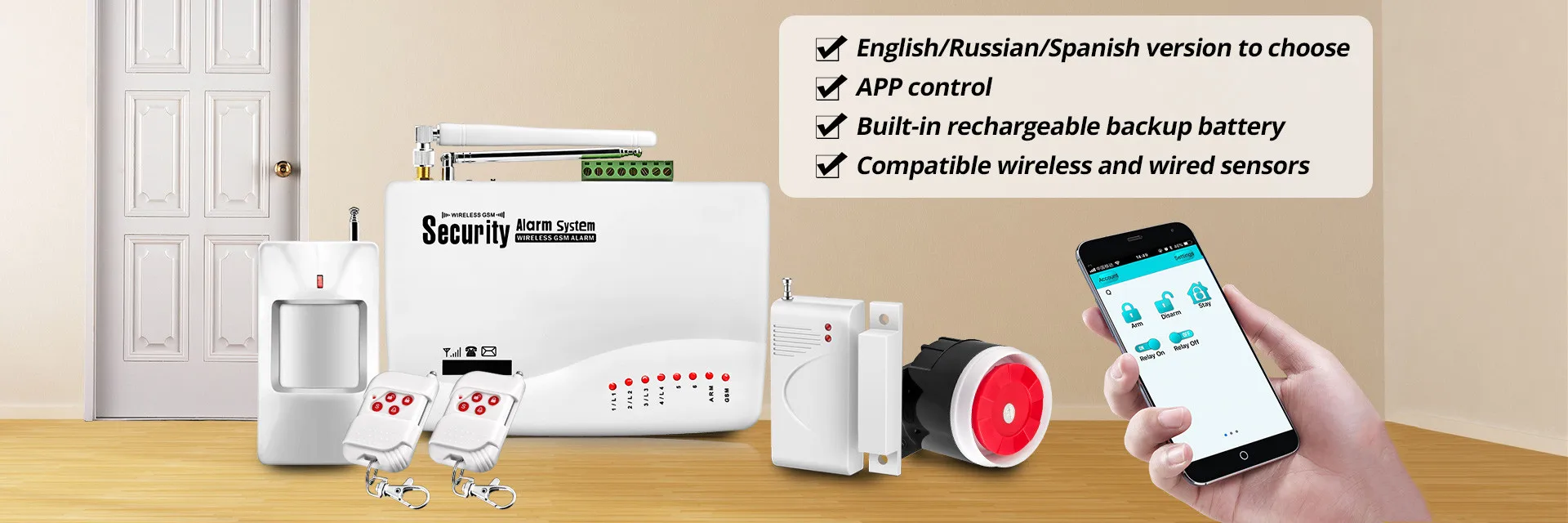 Высокое качество 10A приложение Управление Беспроводной GSM двойная антенна системы домашней охранной сигнализации 850/900/1800/1900 МГц Испанский/Русский/Английский